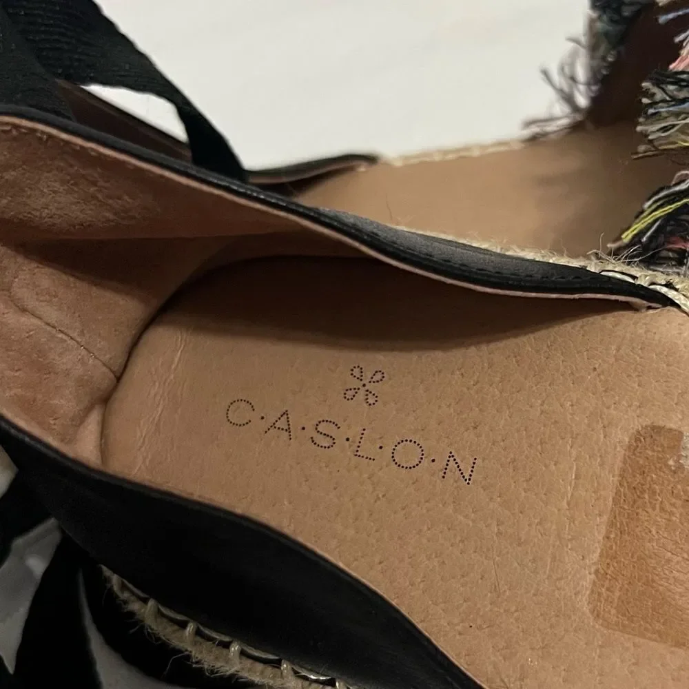 Caslon Lace Up Espadrille Striped Canvas Black Leather Capped Toe Flats Size 7.5